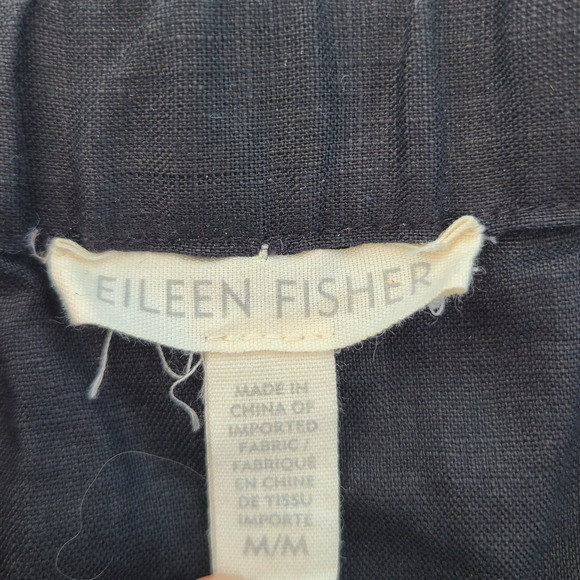 Eileen Fisher Organic Linen Black Midi Faux Wrap Skirt Stretch Waist Tie Size M - Picture 5 of 9